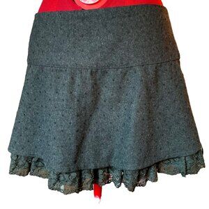 TWIK - Dark Gray short mini wool skirt polka-dot- lace edging lining - size 9